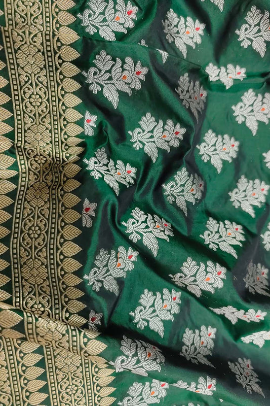 Green Banarasi Handloom Pure Katan Silk Dupatta - Luxurion World