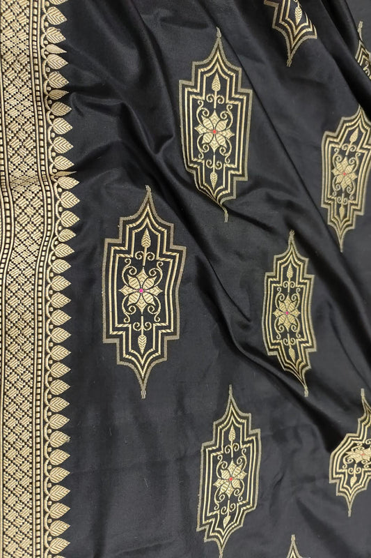Black Banarasi Handloom Pure Katan Silk Dupatta - Luxurion World