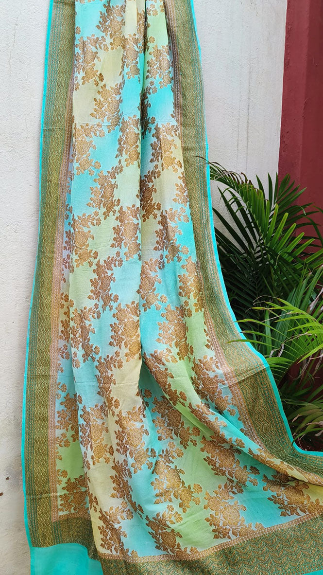 Multicolor Banarasi Handloom Georgette Brush Dye Dupatta - Luxurion World