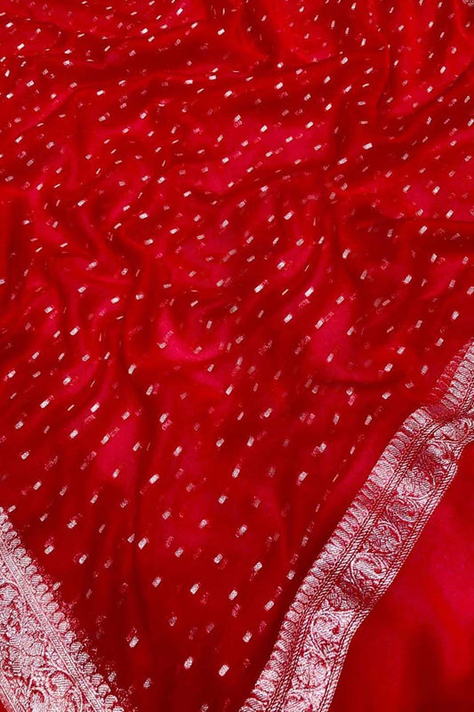 Elegant Red Banarasi Silver Zari Chiffon Dupatta