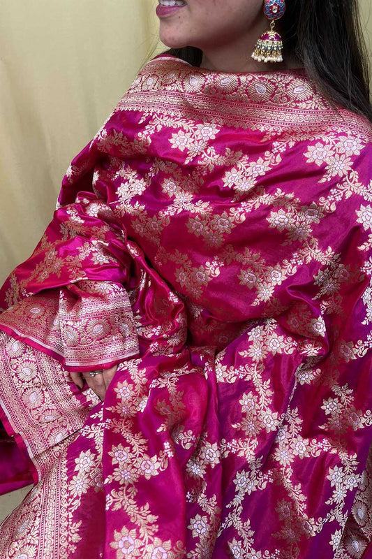 Exquisite Dual Tone Pink Banarasi Handloom Katan Silk Dupatta - Luxurion World