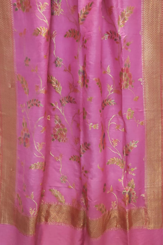 Brush Dyed Pink Banarasi Moonga Silk Dupatta - Handloom Pure Elegance - Luxurion World