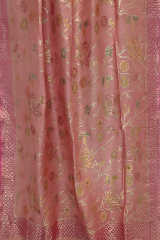 Brush Dyed Pink Banarasi Moonga Silk Dupatta - Handloom Pure Elegance - Luxurion World