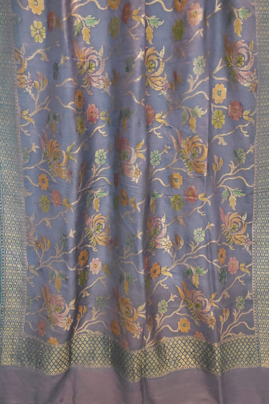 Brush Dyed Grey Banarasi Moonga Silk Dupatta - Handloom Pure Elegance - Luxurion World