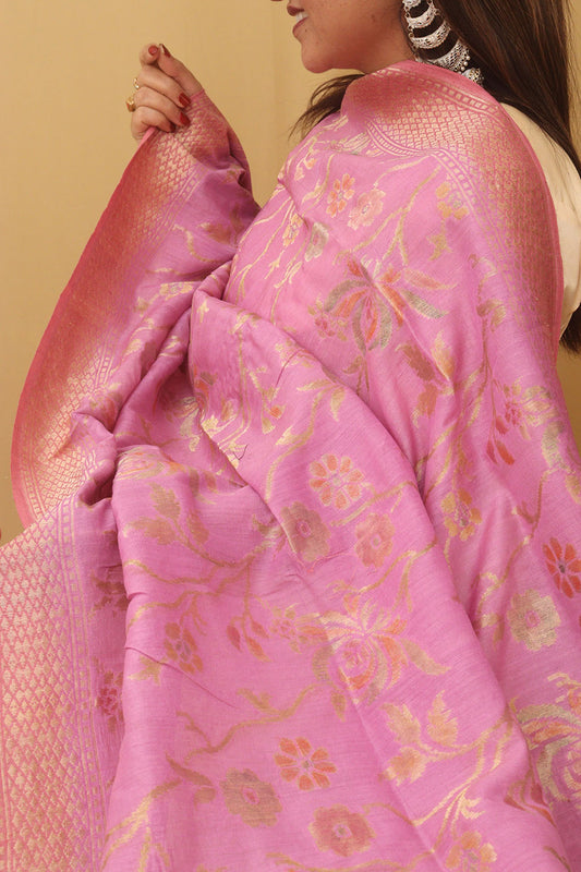 Pink Banarasi Handloom Pure Moonga Silk Dupatta - Luxurion World