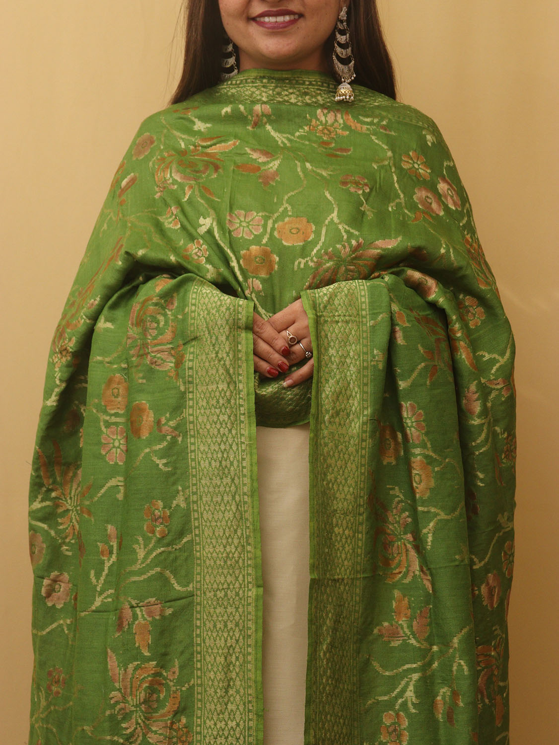 Green Banarasi Handloom Pure Moonga Silk Dupatta - Luxurion World