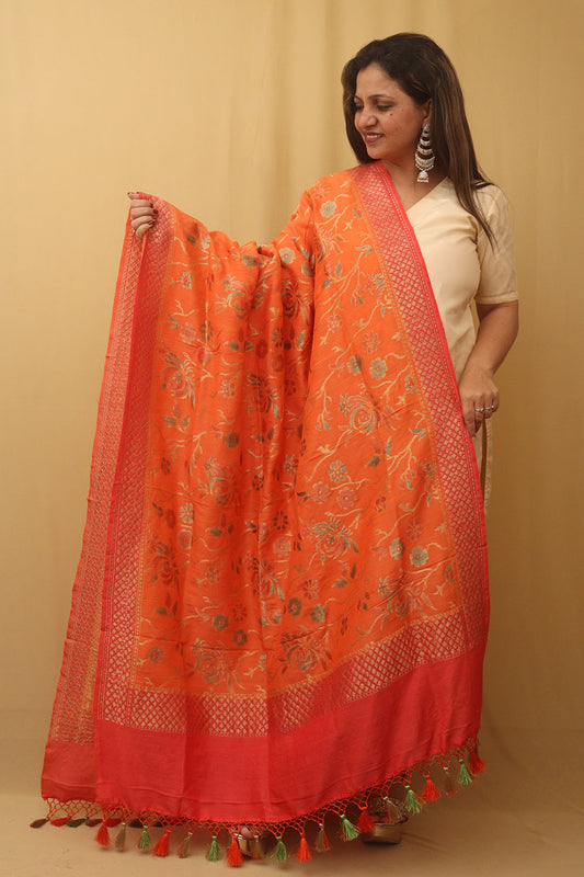 Orange Banarasi Handloom Pure Moonga Silk Dupatta - Luxurion World