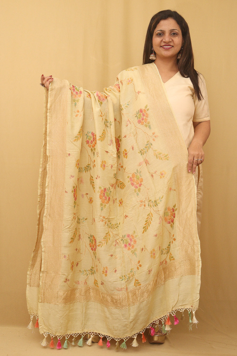 Pastel Banarasi Handloom Pure Moonga Silk Dupatta - Luxurion World