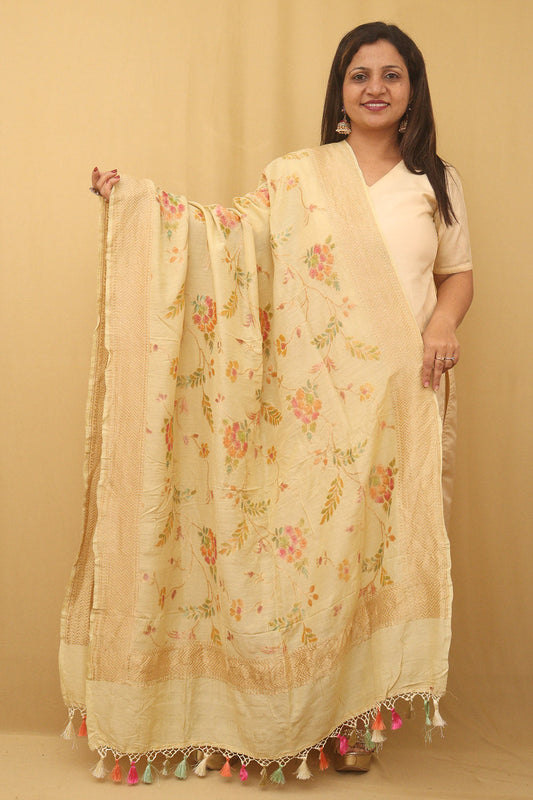 Pastel Banarasi Handloom Pure Moonga Silk Dupatta - Luxurion World