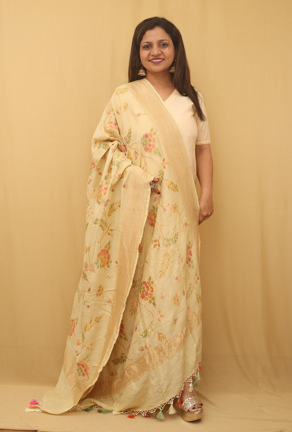 Pastel Banarasi Handloom Pure Moonga Silk Dupatta - Luxurion World