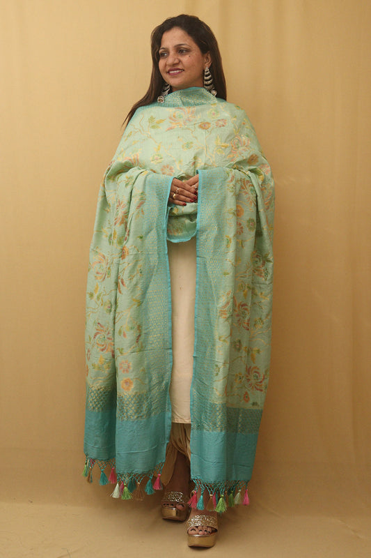 Blue Banarasi Handloom Pure Moonga Silk Dupatta - Luxurion World
