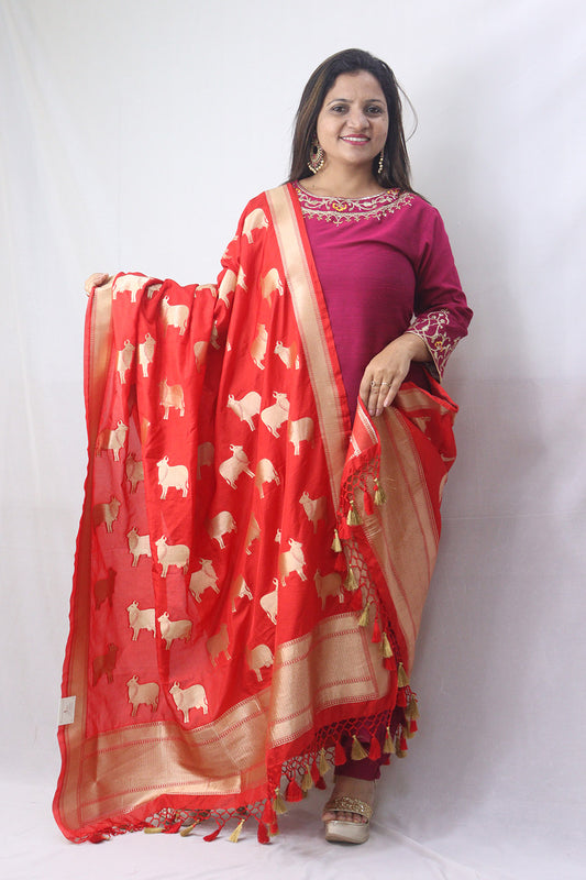 Stunning Red Banarasi Silk Cow Design Dupatta - Luxurion World