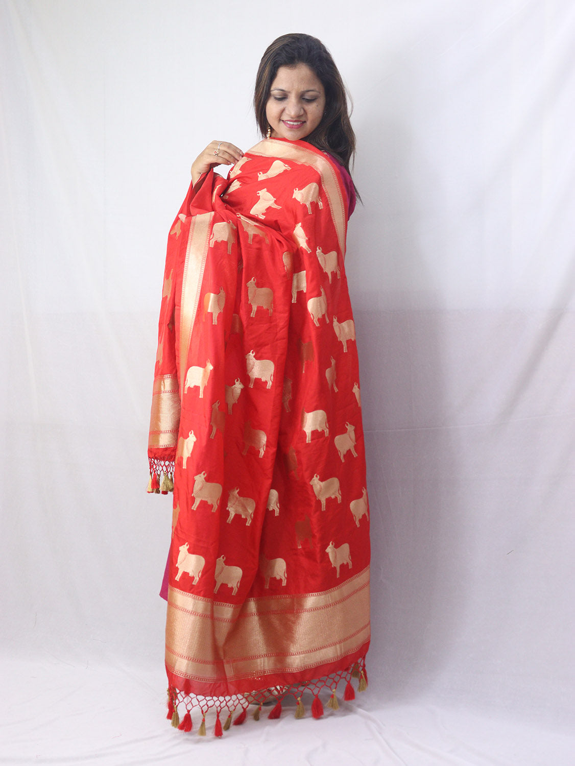 Stunning Red Banarasi Silk Cow Design Dupatta - Luxurion World