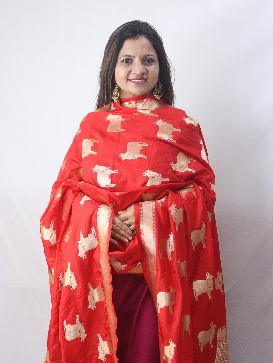 Stunning Red Banarasi Silk Cow Design Dupatta - Luxurion World