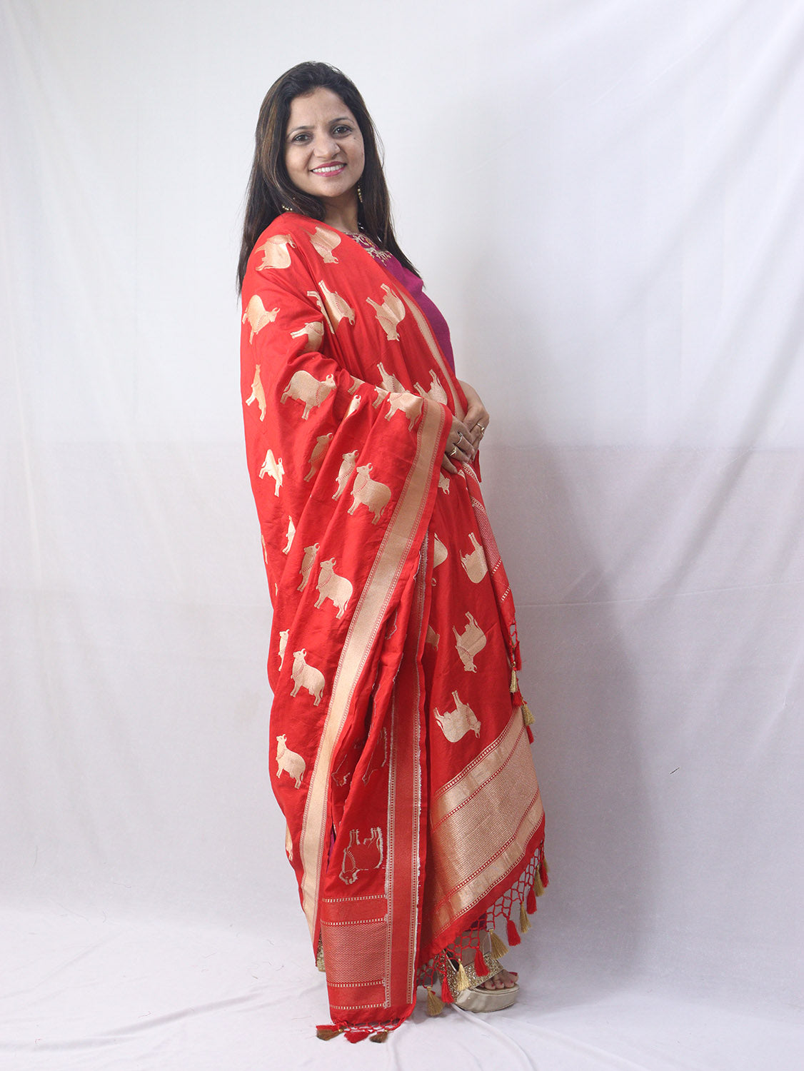 Stunning Red Banarasi Silk Cow Design Dupatta - Luxurion World