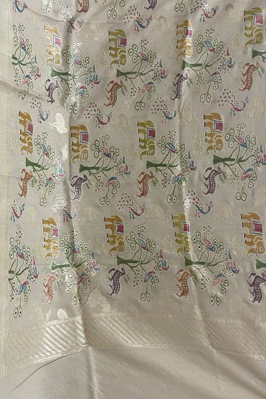 Pastel Banarasi Handloom Brush Dye Pure Moonga Silk Dupatta - Luxurion World