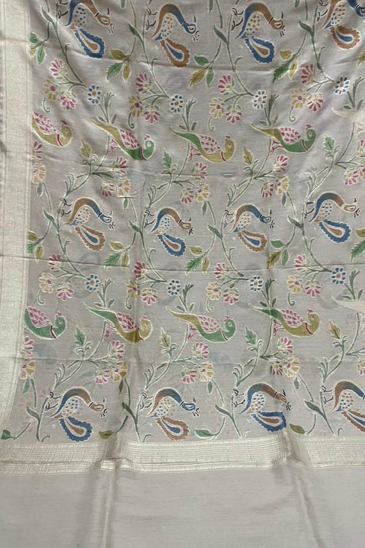 Pastel Banarasi Handloom Brush Dye Pure Moonga Silk Dupatta - Luxurion World