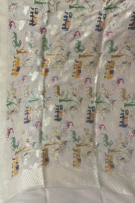 Pastel Banarasi Handloom Brush Dye Pure Moonga Silk Dupatta - Luxurion World