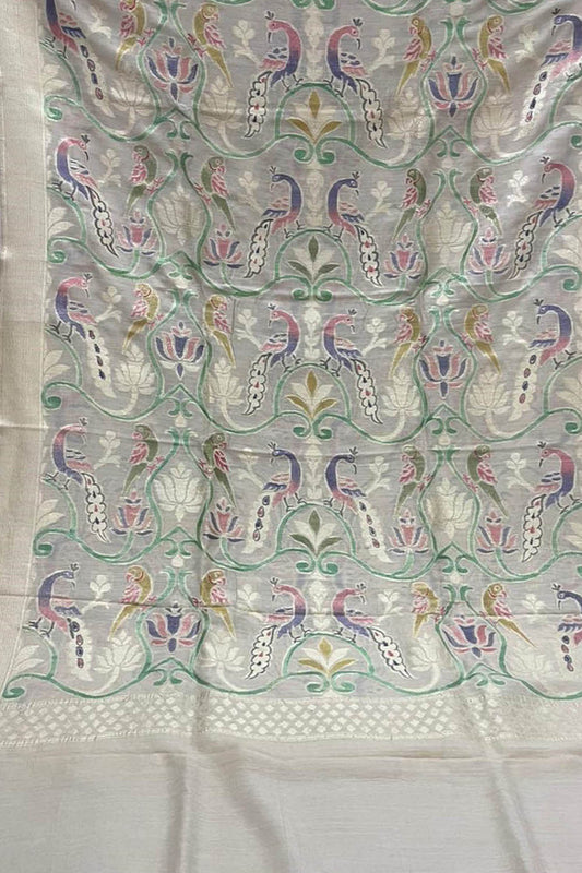 Pastel Banarasi Handloom Brush Dye Pure Moonga Silk Dupatta - Luxurion World