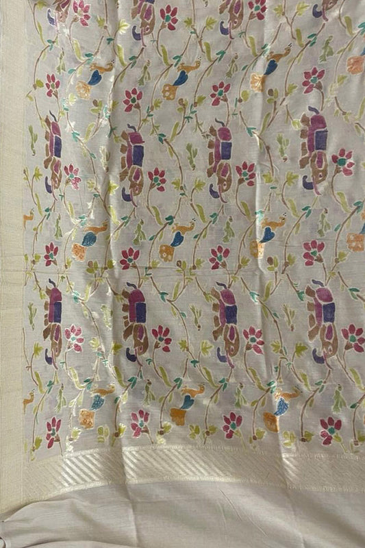 Pastel Banarasi Handloom Brush Dye Pure Moonga Silk Dupatta - Luxurion World