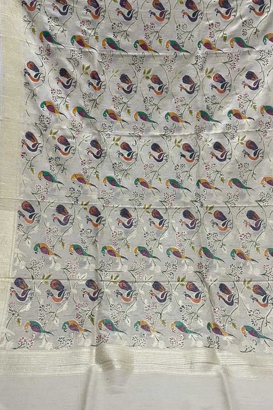 Pastel Banarasi Handloom Brush Dye Pure Moonga Silk Dupatta - Luxurion World