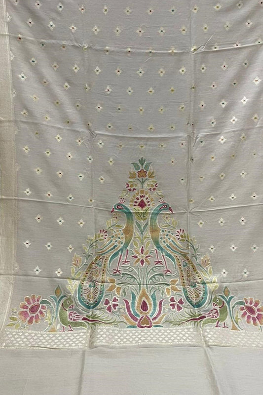 Pastel Banarasi Handloom Brush Dye Pure Moonga Silk Dupatta - Luxurion World