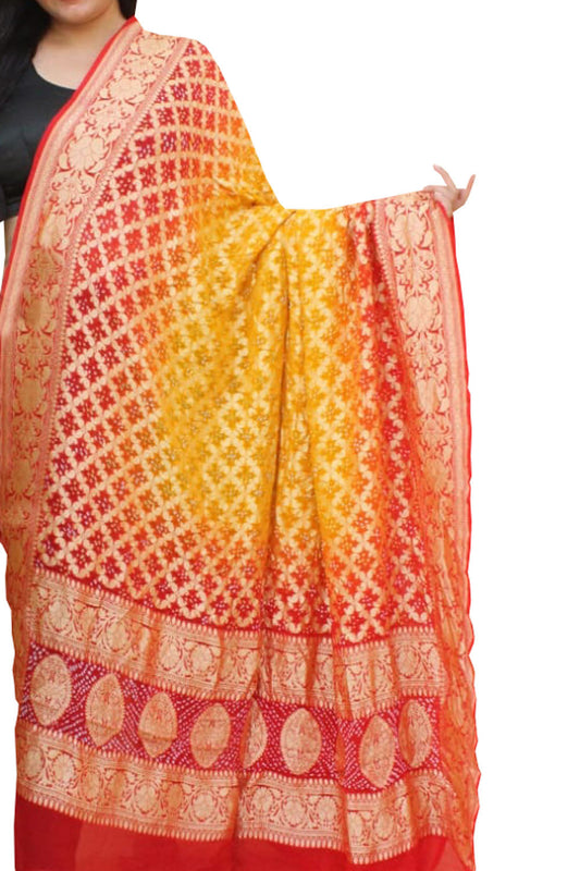 Yellow And Red Banarasi Bandhani Pure Georgette Dupatta - Luxurion World