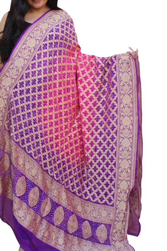 Pink And Purple Banarasi Bandhani Pure Georgette Dupatta - Luxurion World