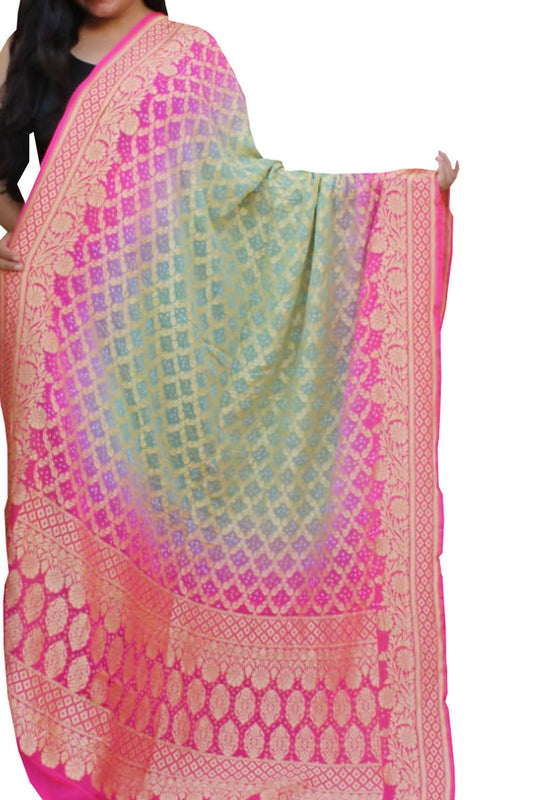 Green And Pink Banarasi Bandhani Pure Georgette Dupatta - Luxurion World