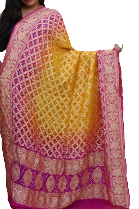Pink And Yellow Banarasi Bandhani Pure Georgette Dupatta - Luxurion World