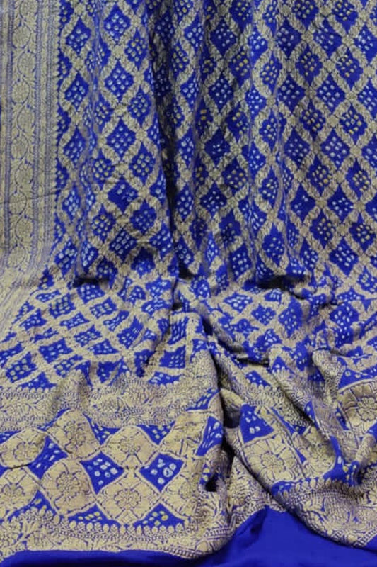 Blue Banarasi Bandhani Pure Georgette Neemzari Dupatta - Luxurion World