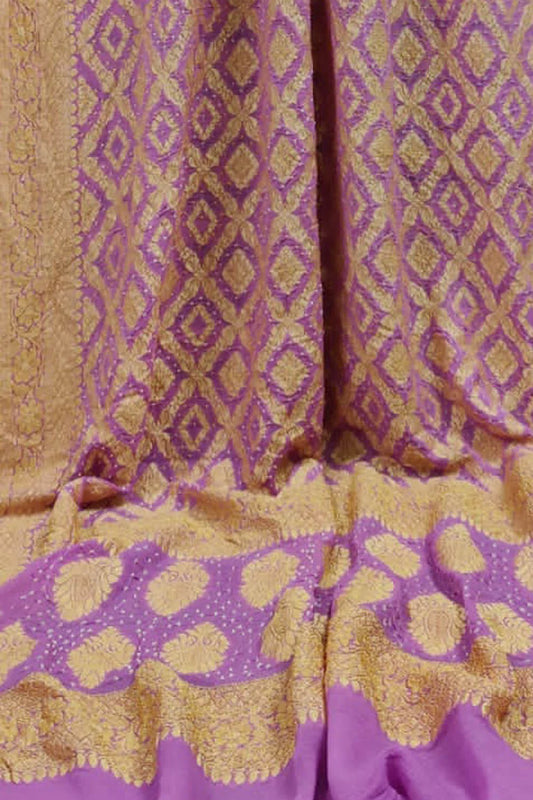 Purple Banarasi Bandhani Pure Georgette Neemzari Dupatta - Luxurion World