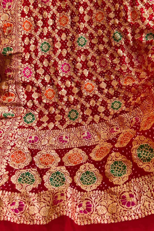 Red Banarasi Bandhani Georgette Meenakari Dupatta - Luxurion World