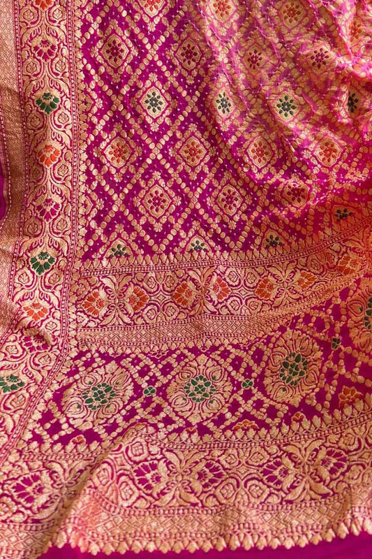 Pink Banarasi Bandhani Georgette Meenakari Dupatta - Luxurion World