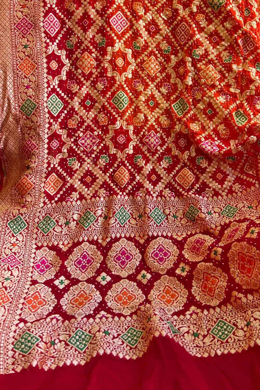 Red Banarasi Bandhani Georgette Meenakari Dupatta - Luxurion World