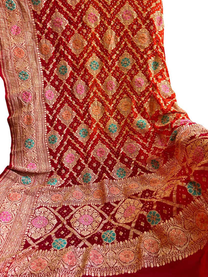 Elegant Red Banarasi Bandhani Georgette Meenakari Dupatta - Luxurion World