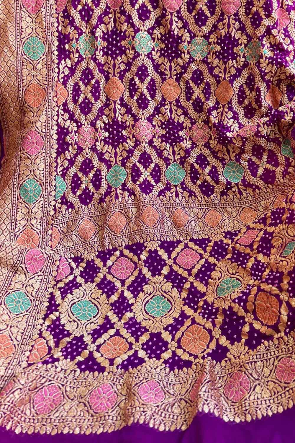 Exquisite Purple Banarasi Bandhani Georgette Meenakari Dupatta - Luxurion World