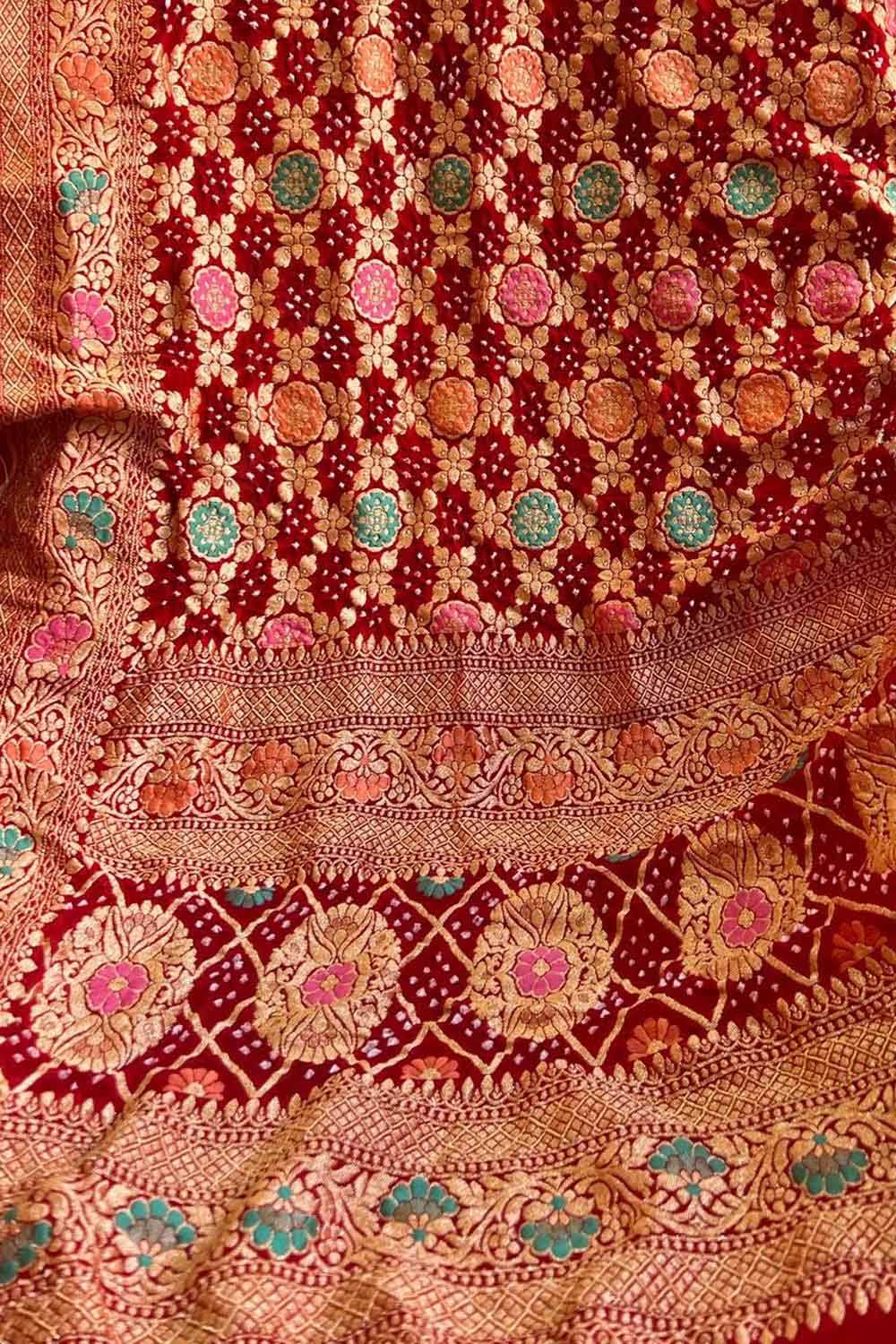 Red Banarasi Bandhani Georgette Meenakari Dupatta - Luxurion World