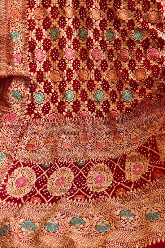 Red Banarasi Bandhani Georgette Meenakari Dupatta - Luxurion World