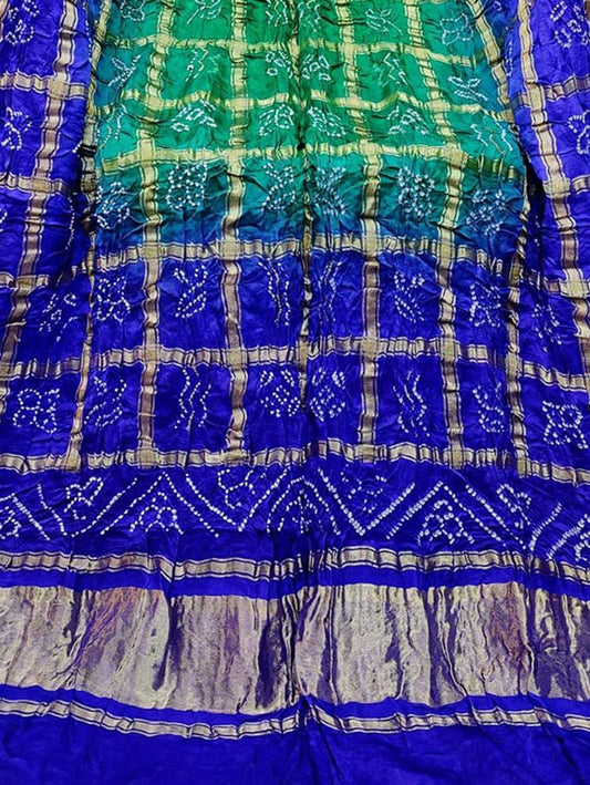Green And Blue Bandhani Pure Gajji Silk Gharchola Dupatta - Luxurion World