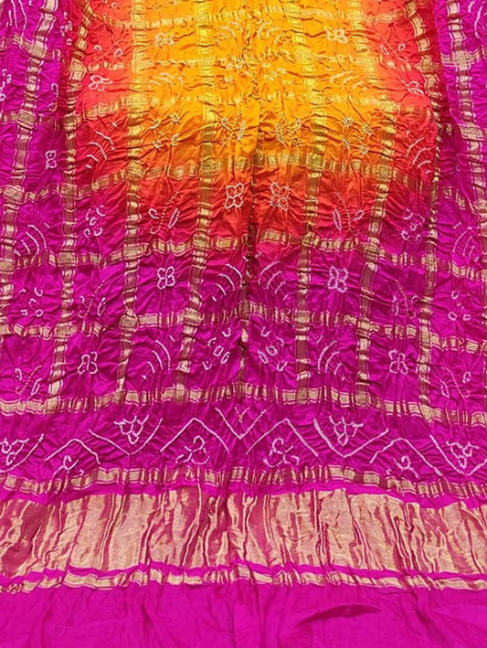 Pink And Yellow Bandhani Pure Gajji Silk Gharchola Dupatta - Luxurion World