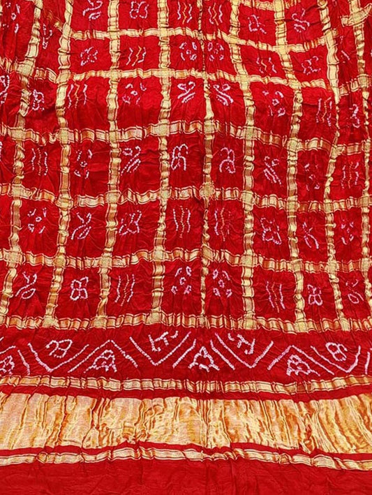 Red Bandhani Pure Gajji Silk Gharchola Dupatta - Luxurion World