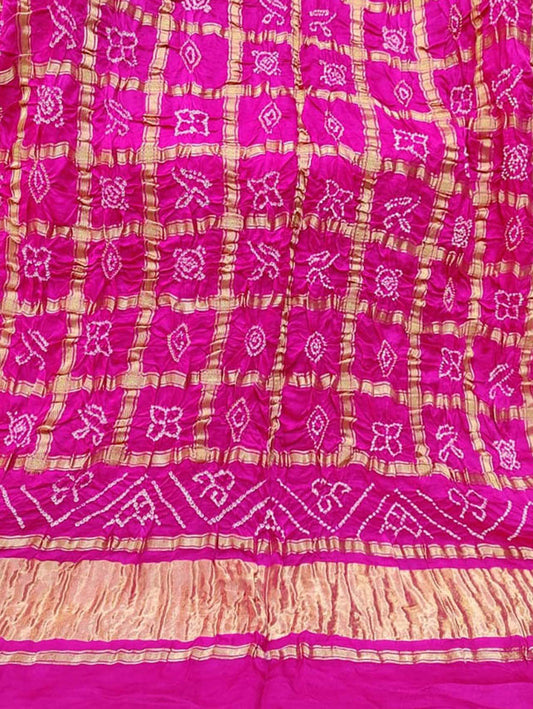 Pink Bandhani Pure Gajji Silk Gharchola Dupatta - Luxurion World