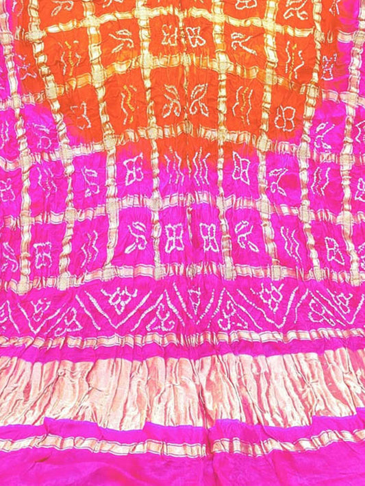 Orange And Pink Bandhani Pure Gajji Silk Gharchola Dupatta - Luxurion World