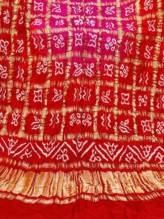 Pink And Red Bandhani Pure Gajji Silk Gharchola Dupatta - Luxurion World