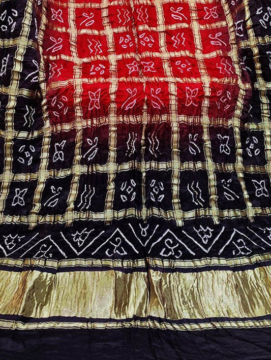 Red And Black Bandhani Pure Gajji Silk Gharchola Dupatta - Luxurion World