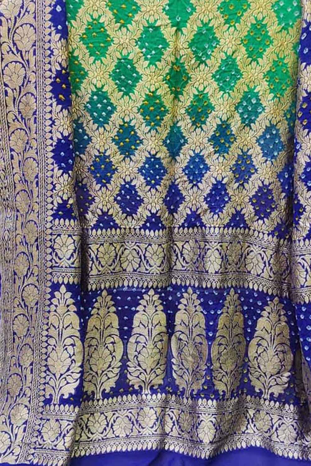 Green And Blue Banarasi Bandhani Handloom Pure Georgette Dupatta - Luxurion World