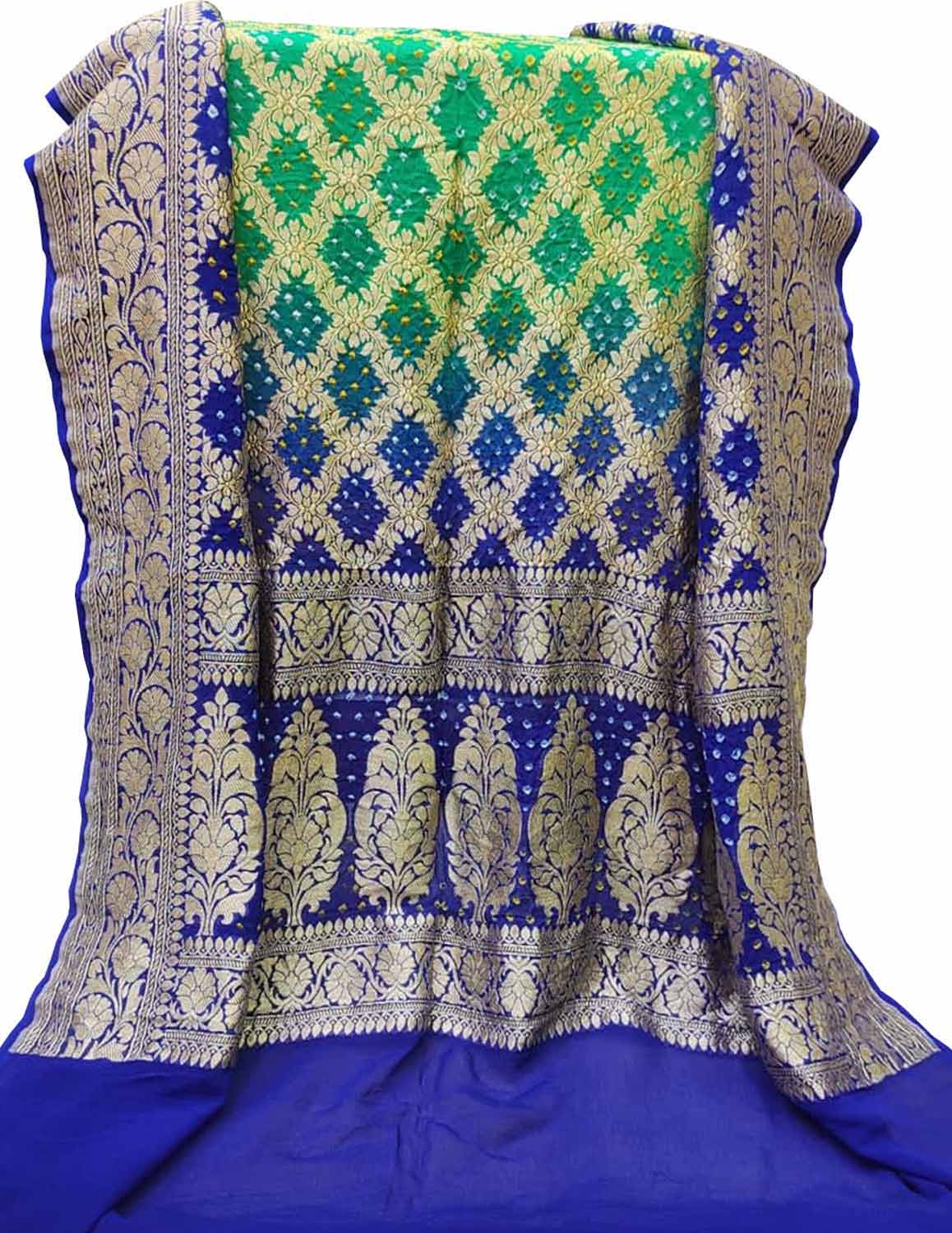 Green And Blue Banarasi Bandhani Handloom Pure Georgette Dupatta