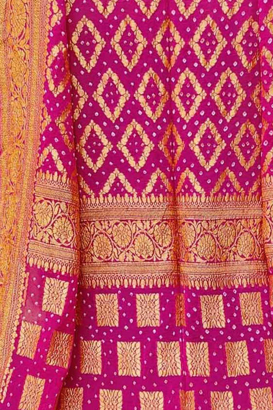 Pink Banarasi Bandhani Handloom Pure Georgette Dupatta - Luxurion World