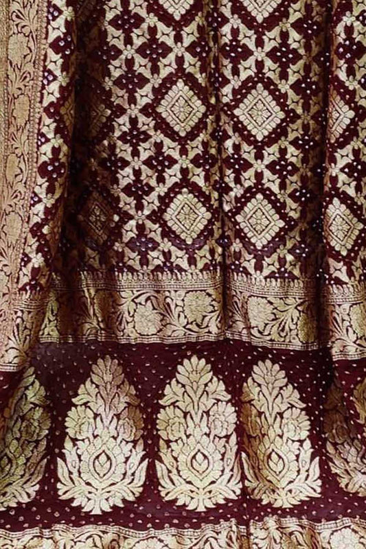 Maroon Banarasi Bandhani Handloom Pure Georgette Dupatta - Luxurion World
